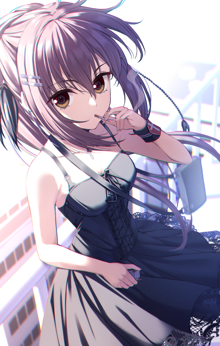 1girl, against_railing, bare_shoulders, black_dress, black_wrist_cuffs, breasts, brown_eyes, brown_hair