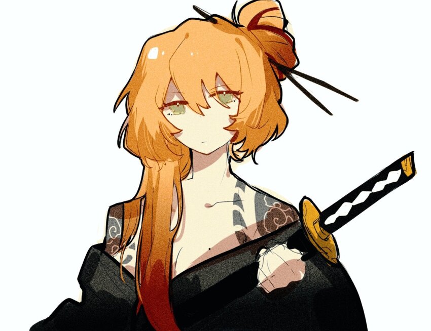 1girl, aislan, black_kimono, breasts, cleavage, collarbone, cosplay, hair_bun