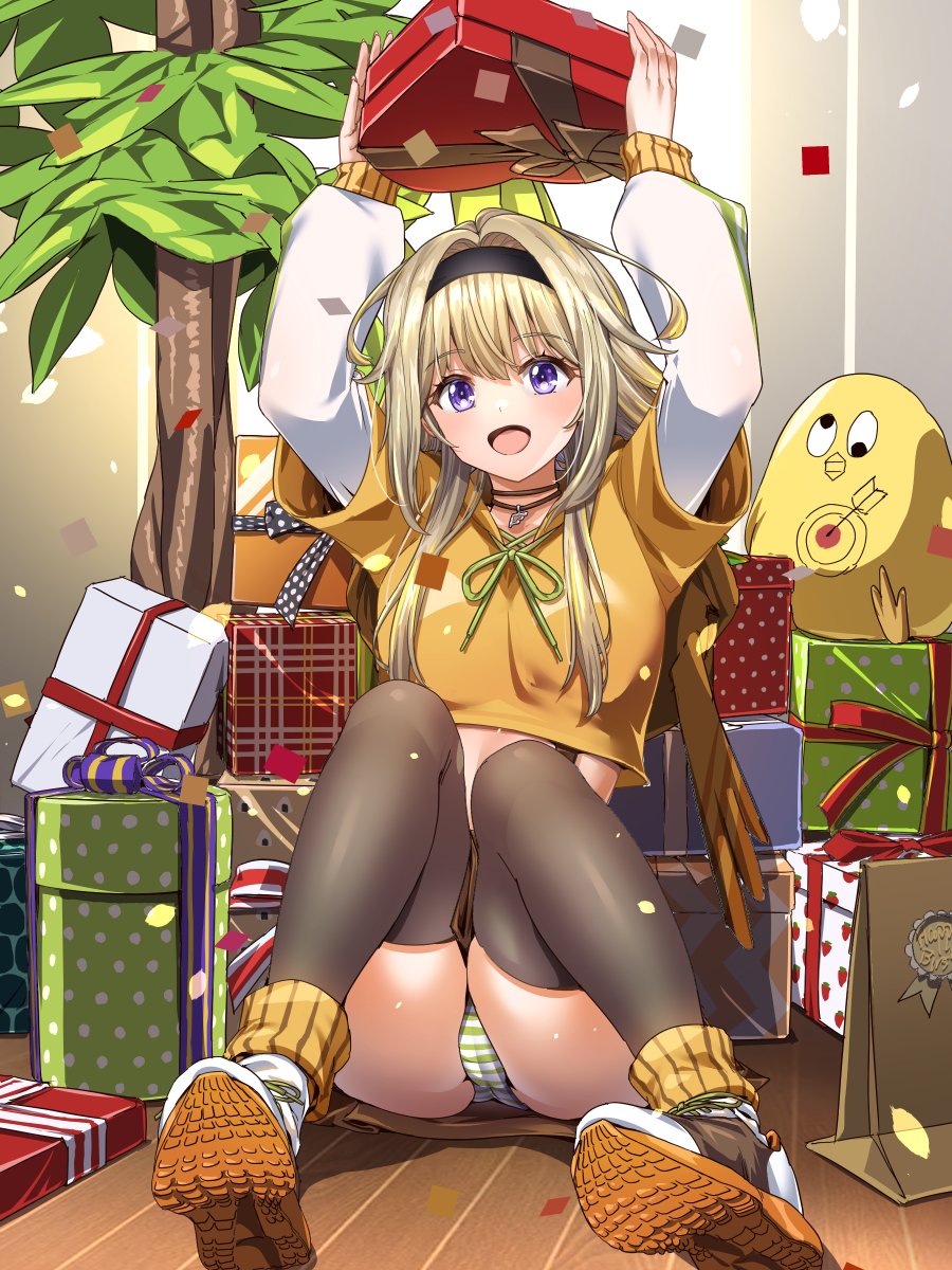 1girl, bird, black_hairband, blonde_hair, blush, breasts, brown_skirt, brown_thighhighs, christmas_tree, colored_shoe_soles, commentary_request, confetti, cropped_hoodie, full_body, gift, green_panties, hairband, highres, holding, holding_gift, hood, hood_down, hoodie, ieiri_popo, ieiri_popo_(2nd_costume), layered_sleeves, long_hair, long_sleeves, looking_at_viewer, miniskirt, multicolored_hair, nanashi_inc., open_mouth, panties, purple_eyes, short_over_long_sleeves, short_sleeves, sidelocks, sitting, skirt, small_breasts, smile, solo, streaked_hair, striped_clothes, striped_panties, thighhighs, tomo_tomotosix, underwear, virtual_youtuber, white_footwear, white_panties, wooden_floor, yellow_hood