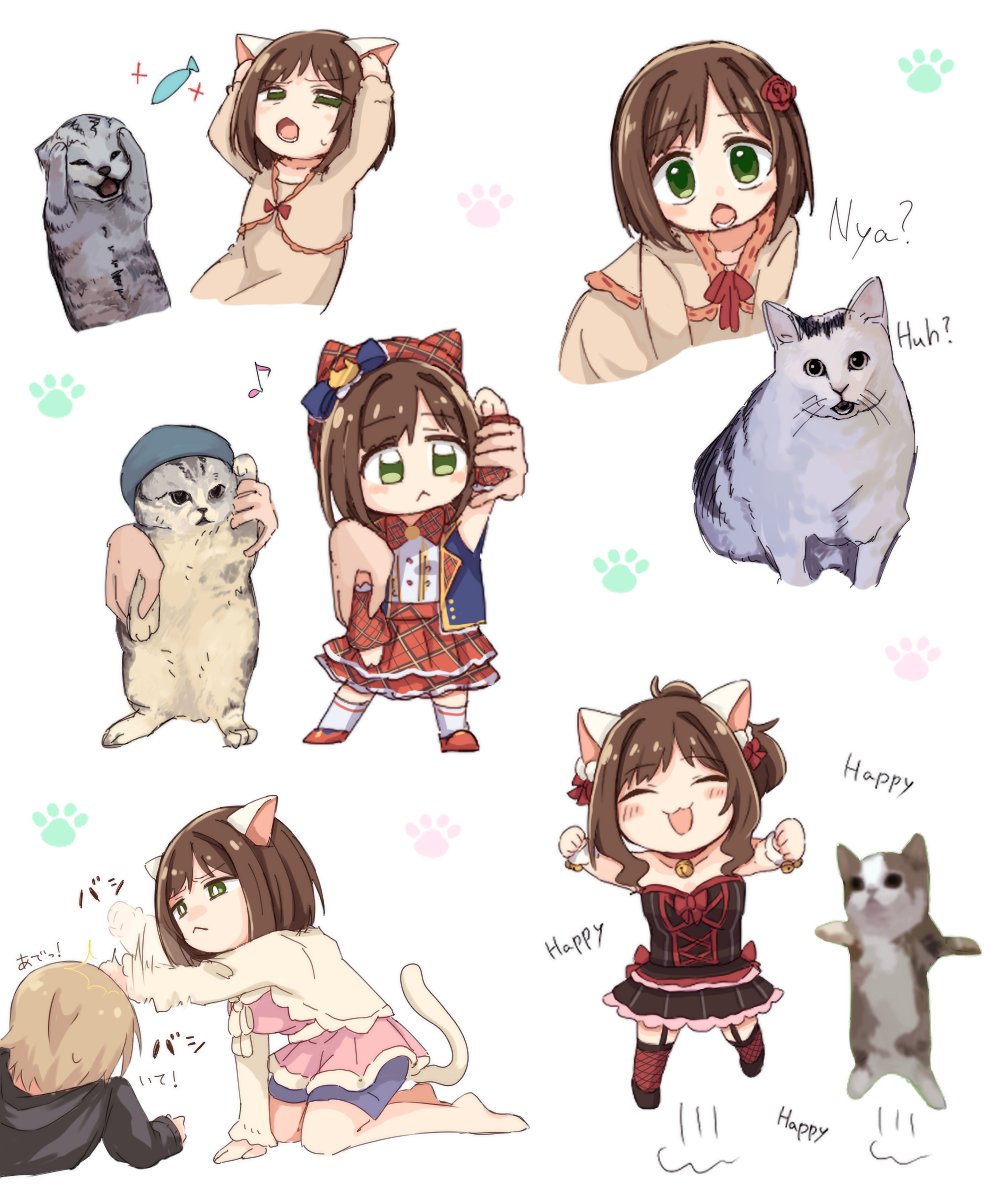 :d, ^_^, all_fours, animal_ears, black_dress, blush, bob_cut, brown_dress