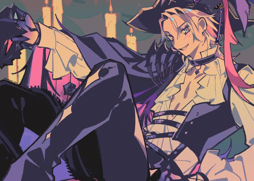 1boy, black_choker, blue_eyes, blue_hair, blush, choker, daniel_(breloomings), eyeshadow