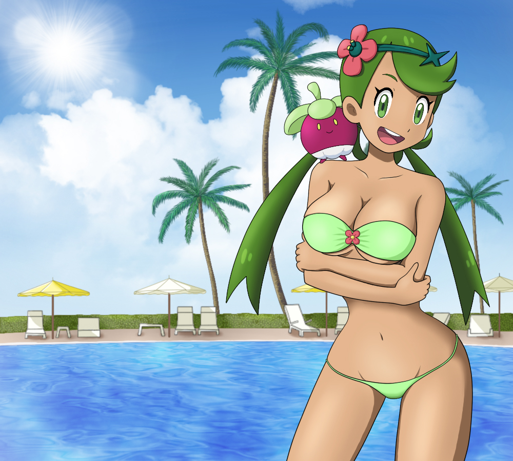 bikini, bounsweet, breasts, crossed_arms, flower, flower_on_head, gen_7_pokemon, green_eyes