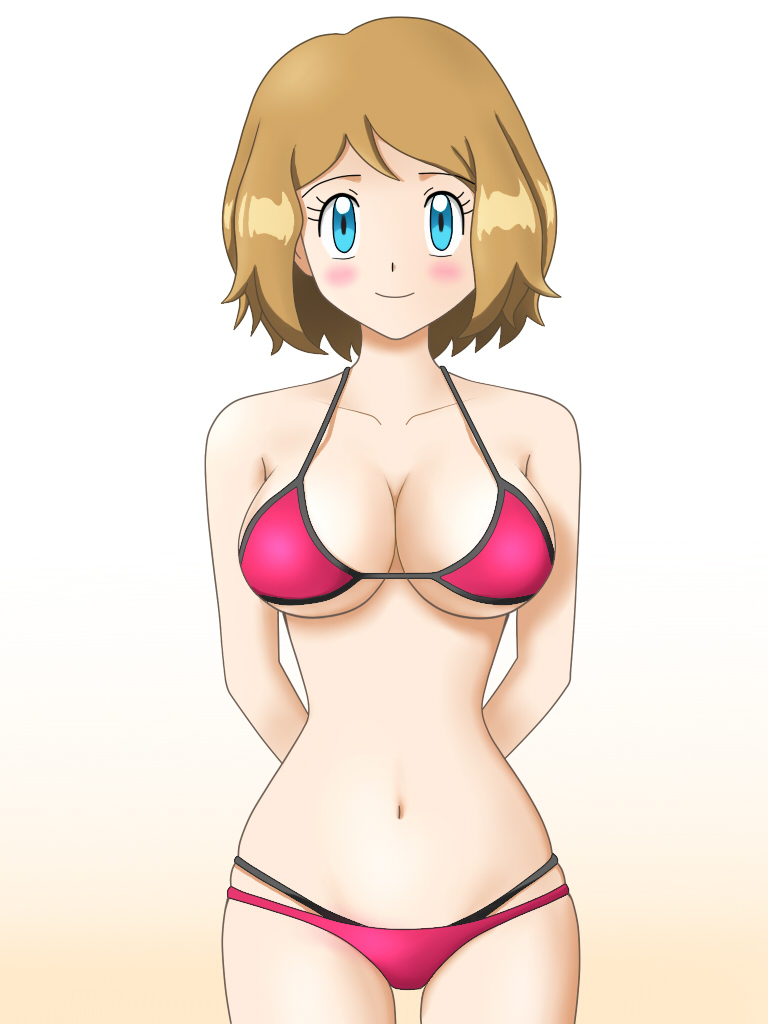 1girl, arms_behind_back, bikini, blonde_hair, blue_eyes, blush, breasts, curvy