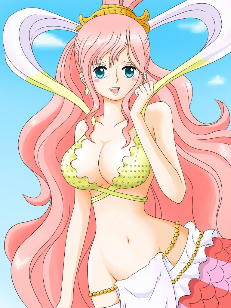 bikini, blue_eyes, breasts, earrings, fish_scales, himumu_(cyah7528), jewelry, large_breasts, mermaid, monster_girl, one_piece, pink_hair, princess, seashell_earrings, shirahoshi, smile, swimsuit, wide_hips