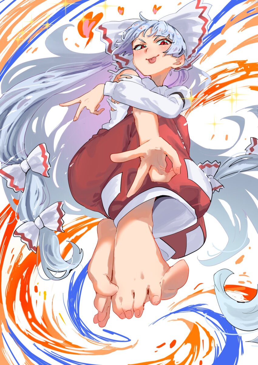 1girl, barefoot, bow, feet, from_above, fujiwara_no_mokou, hair_bow, highres