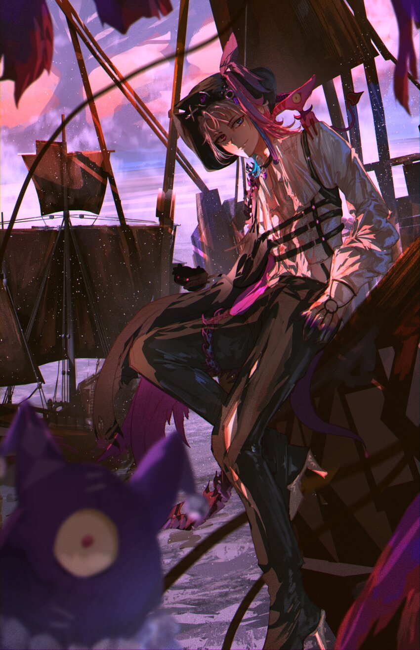 1boy, absurdres, advarcher, bettelion_(gavis_bettel), black_choker, blue_eyes, blue_hair, chest_harness