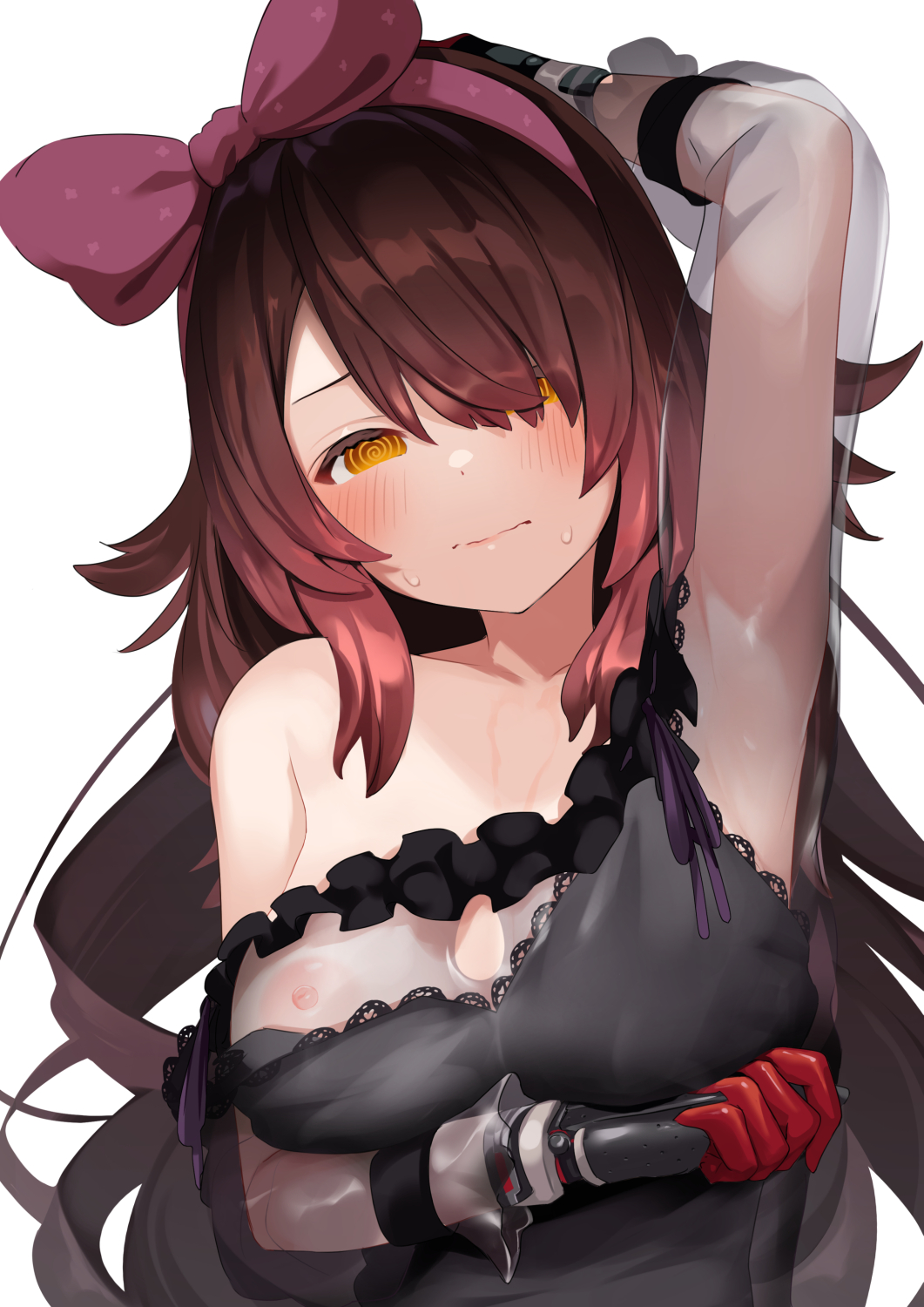 1girl, @_@, arm_under_breasts, arm_up, armpits, arou_(arrow_x666), black_dress, blush, bow_hairband, breasts, brown_hair, closed_mouth, detached_sleeves, dress, embarrassed, hair_over_one_eye, hairband, highres, hololive, large_breasts, long_hair, long_sleeves, mechanical_hands, orange_eyes, presenting_armpit, roboco-san, roboco-san_(night_dress), see-through_clothes, see-through_sleeves, simple_background, solo, upper_body, virtual_youtuber, white_background