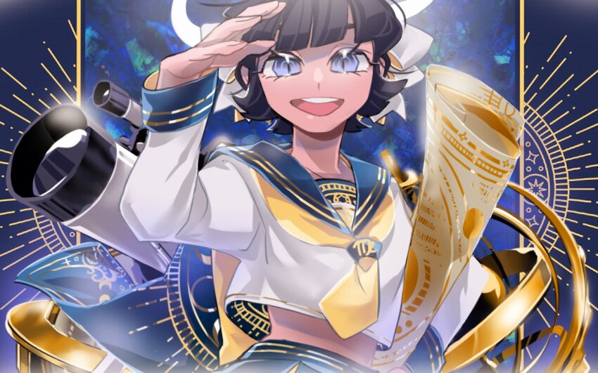 1girl, :d, angel, azazel_(helltaker), black_hair, blue_background, blue_cape, blue_eyes