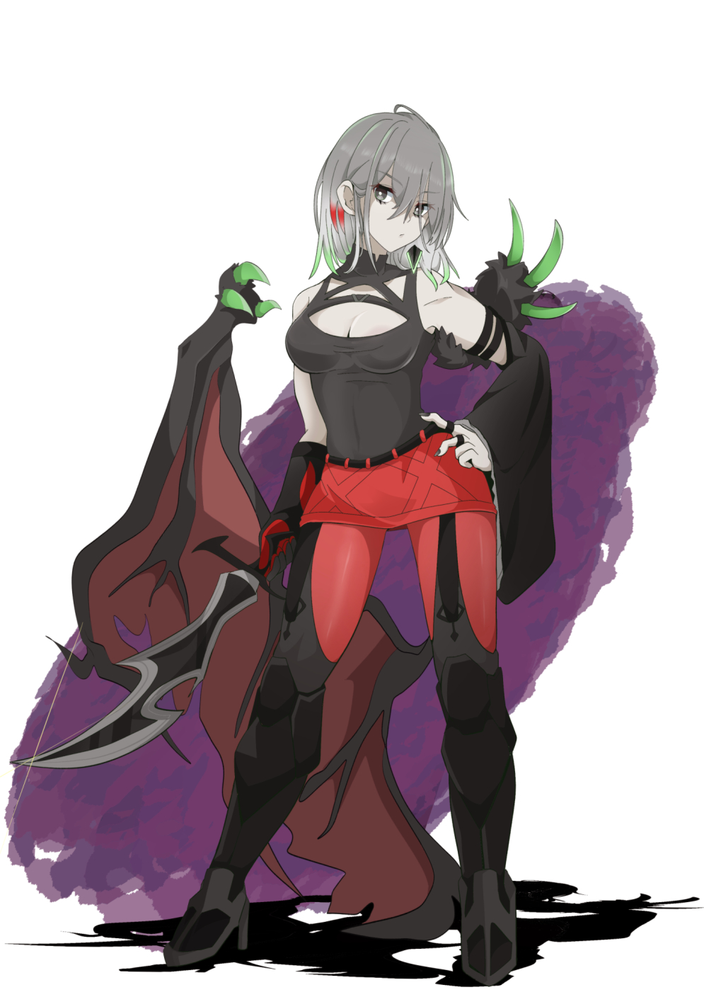 1girl, arm_strap, bare_shoulders, boots, colored_tips, demon_wings, detached_sleeves, diabellstar_the_black_witch, duel_monster, gloves, green_hair, grey_eyes, grey_hair, hand_on_own_hip, high_heels, highres, holding, holding_sword, holding_weapon, jacket, jewelry, medium_hair, miniskirt, mochi_curry, multicolored_hair, necklace, pantyhose, red_hair, red_pantyhose, single_detached_sleeve, single_glove, single_wing, skirt, solo, sword, unworn_jacket, weapon, wings, yu-gi-oh!