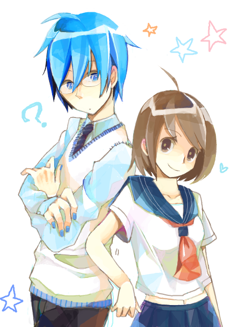 1boy, 1girl, blue_hair, brown_hair, couple, glasses, hetero, kaito_(campus)_(vocaloid)