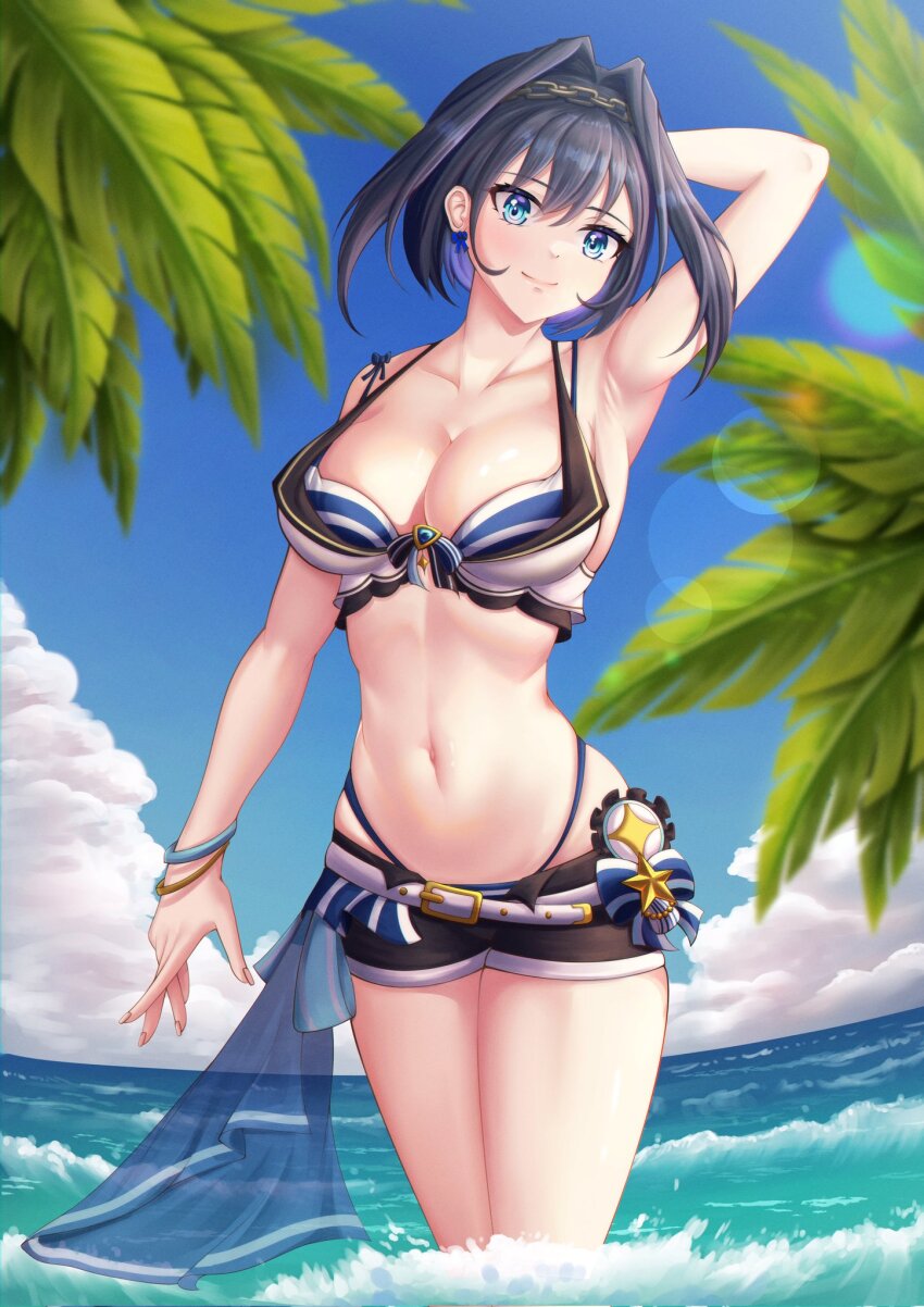 1girl, belt, bikini, bikini_bottom_under_shorts, bikini_under_clothes, black_shorts, blue_eyes, blue_hair