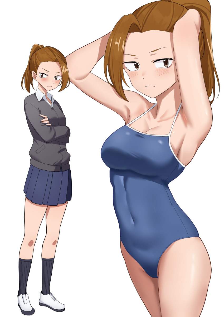 1girl, absurdres, armpits, arms_up, black_sweater, blue_one-piece_swimsuit, blue_skirt, boku_no_kokoro_no_yabai_yatsu