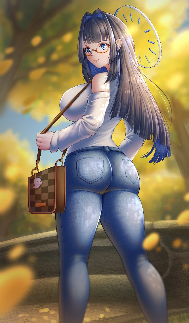 1girl, ass, autumn, autumn_leaves, bag, bag_charm, bare_shoulders, black_hair, blue_eyes, blue_hair, blue_pants, breasts, charm_(object), denim, glasses, hair_intakes, halo, handbag, hololive, hololive_english, jeans, large_breasts, leaf, long_hair, looking_at_viewer, multicolored_hair, official_alternate_costume, official_alternate_hair_length, official_alternate_hairstyle, ouro_kronii, ouro_kronii_(casual), pants, park, red-framed_eyewear, seapupu, shirt, smile, solo, tree, two-tone_hair, virtual_youtuber, white_shirt
