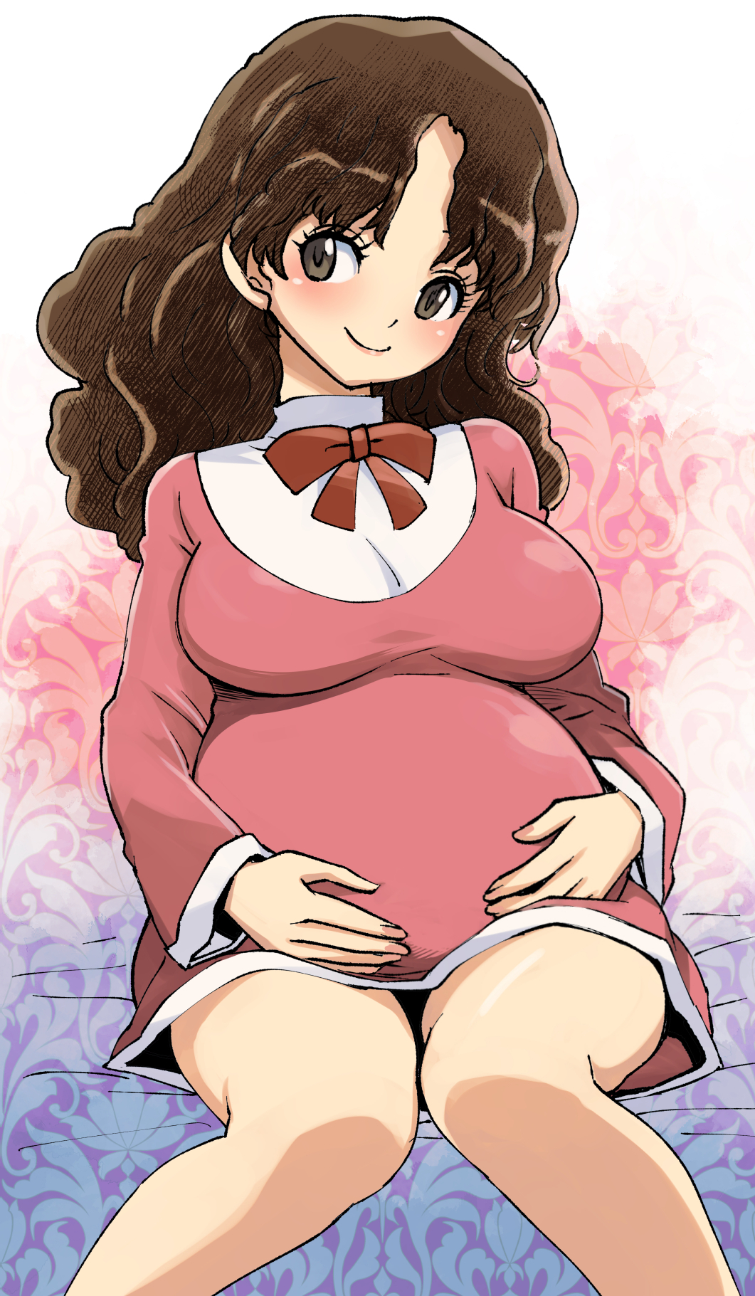 1girl, breasts, brown_hair, closed_mouth, dress, eyelashes, grey_eyes, hands_on_own_stomach, highres, large_breasts, long_hair, long_sleeves, muramasa_mikado, olive_oyl_(princess_maker_2), pink_dress, pregnant, princess_maker_(series), princess_maker_2, sitting, smile, solo