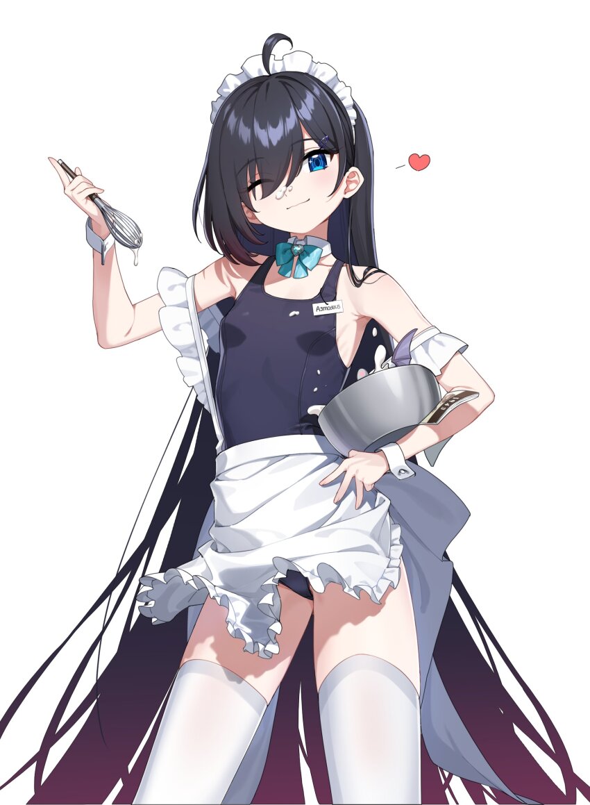 1girl, absurdres, alternate_costume, apron, armpits, bare_shoulders, batter, black_hair
