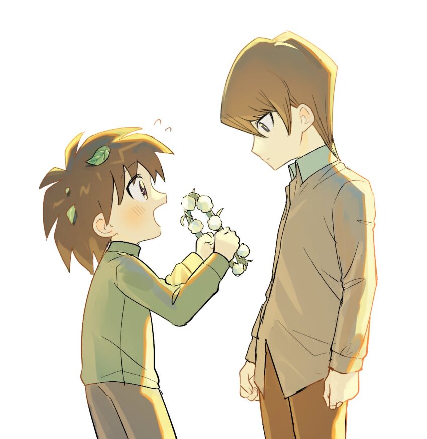 2boys, blush, brothers, brown_hair, brown_pants, brown_shirt, clenched_hands, collared_shirt