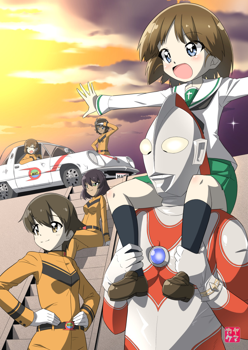 5girls, absurdres, black_hair, black_neckerchief, black_socks, blouse, blue_eyes, bob_cut, brown_eyes, brown_footwear, brown_hair, car, carrying, closed_eyes, closed_mouth, cloud, cloudy_sky, commentary_request, commission, crossed_legs, dark-skinned_female, dark_skin, driving, freckles, girls_und_panzer, green_eyes, green_skirt, hand_on_own_hip, hands_on_own_hips, highres, hoshino_(girls_und_panzer), jumpsuit, kaette_kita_ultraman, kneehighs, loafers, long_sleeves, looking_to_the_side, mat-vehicle, miniskirt, motor_vehicle, multiple_girls, nakajima_(girls_und_panzer), neckerchief, ooarai_school_uniform, open_mouth, orange_jumpsuit, orange_sky, outdoors, outstretched_arms, pixiv_commission, pleated_skirt, sailor_collar, sakaguchi_karina, school_uniform, serafuku, shading_eyes, shirt, shoes, short_hair, shoulder_carry, sitting, skirt, sky, smile, socks, spread_arms, stairs, standing, suzuki_(girls_und_panzer), tsuburaya_productions, tsuchiya_(girls_und_panzer), ultra_series, ultraman_jack, white_sailor_collar, white_shirt, yamakake_(tororo1293)