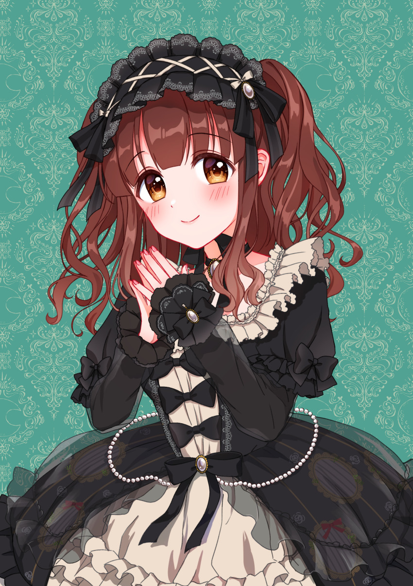 1girl, absurdres, alternate_costume, black_dress, black_hairband, blush, brown_hair, chiaki1126iove, dress, fingernails, frilled_hairband, frills, gothic_lolita, hairband, highres, idolmaster, idolmaster_cinderella_girls, lolita_fashion, looking_at_viewer, ogata_chieri, own_hands_together, patterned_background, smile, solo, two_side_up