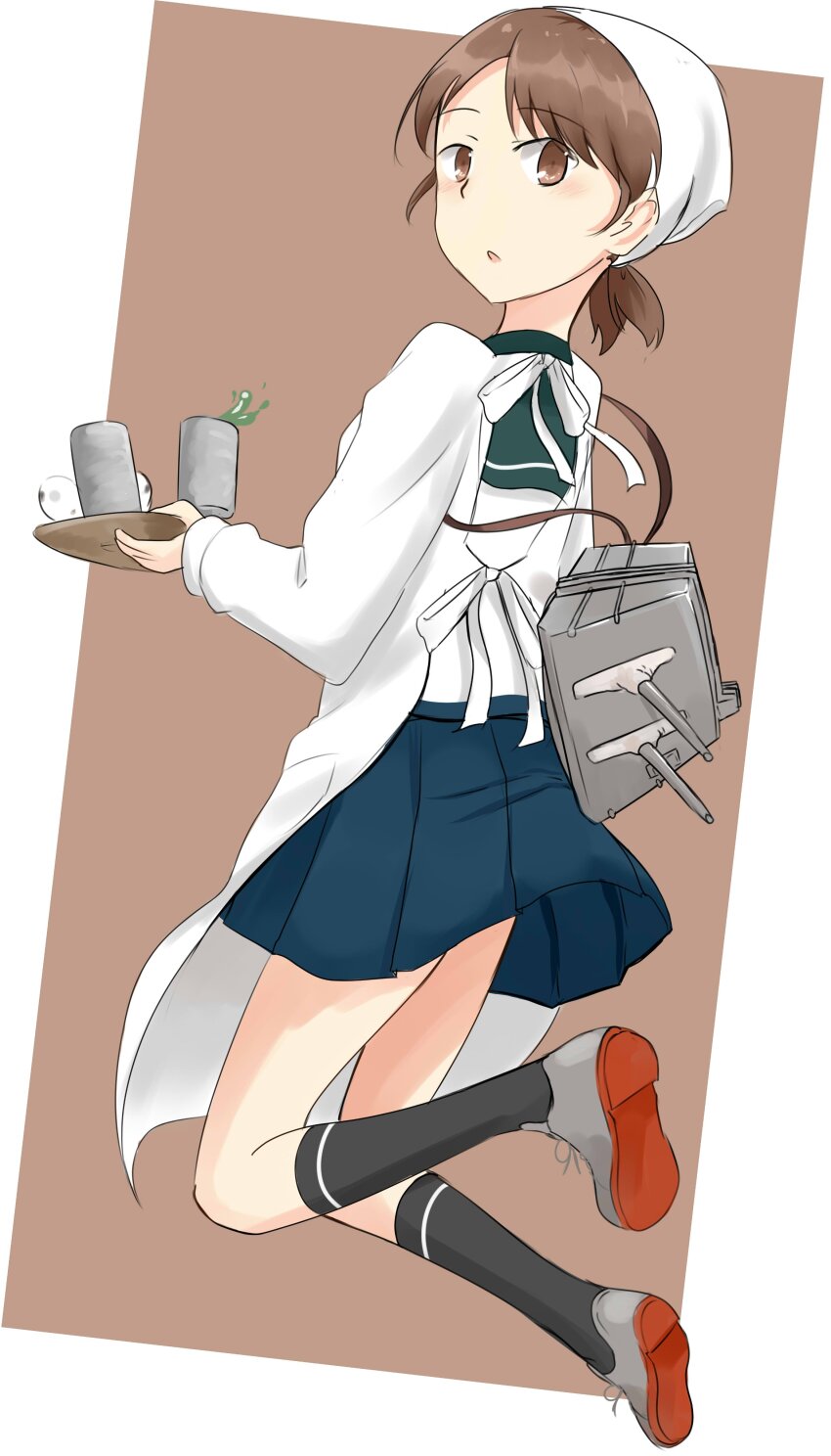 1girl, absurdres, adapted_turret, apron, back, blush, brown_background, brown_hair