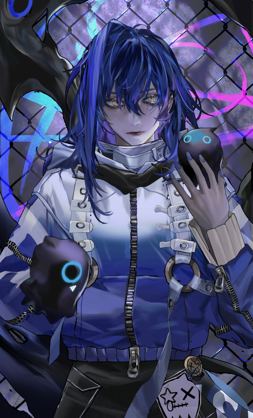 1girl, absurdres, aged_up, black_lips, blue_hair, blue_jacket, chain-link_fence, chinese_commentary, commentary, crache_(path_to_nowhere), eyeliner, fence, ghost, graffiti, hair_between_eyes, highres, holding_ghost, huming0929, jacket, looking_to_the_side, makeup, medium_hair, path_to_nowhere, sideways_glance, single_hair_intake, solo, straight-on, upper_body, yellow_eyes, zipper, zipper_pull_tab