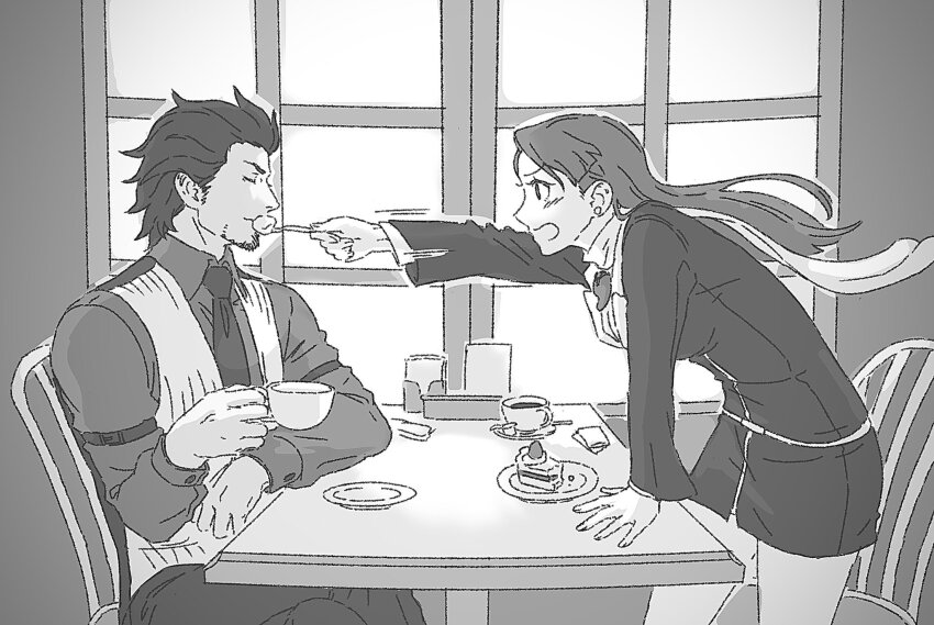 1boy, 1girl, ace_attorney, arm_belt, beard, blush, cake, chair, closed_eyes, closed_mouth, collared_shirt, cowboy_shot, cup, diego_armando, ear_piercing, facial_hair, food, fork, greyscale, highres, holding, holding_cup, holding_fork, jewelry, lcageki, long_hair, long_sleeves, magatama, magatama_necklace, mia_fey, monochrome, necklace, necktie, pants, phoenix_wright:_ace_attorney_-_trials_and_tribulations, piercing, plate, profile, scarf, shirt, sitting, skirt, smile, standing, table, vest