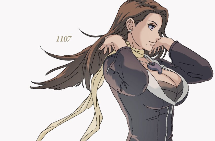1girl, ace_attorney, arms_up, black_eyes, black_jacket, breasts, brown_hair, cleavage, closed_mouth, ear_piercing, highres, jacket, jewelry, large_breasts, lcageki, long_hair, long_sleeves, magatama, magatama_necklace, mia_fey, mole, mole_under_mouth, necklace, piercing, scarf, simple_background, smile, solo, upper_body, white_background, yellow_scarf