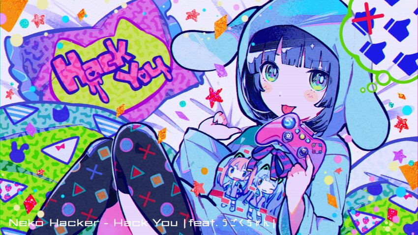 1girl, animal_hood, blue_hair, blunt_bangs, character_print, commentary, controller, english_commentary