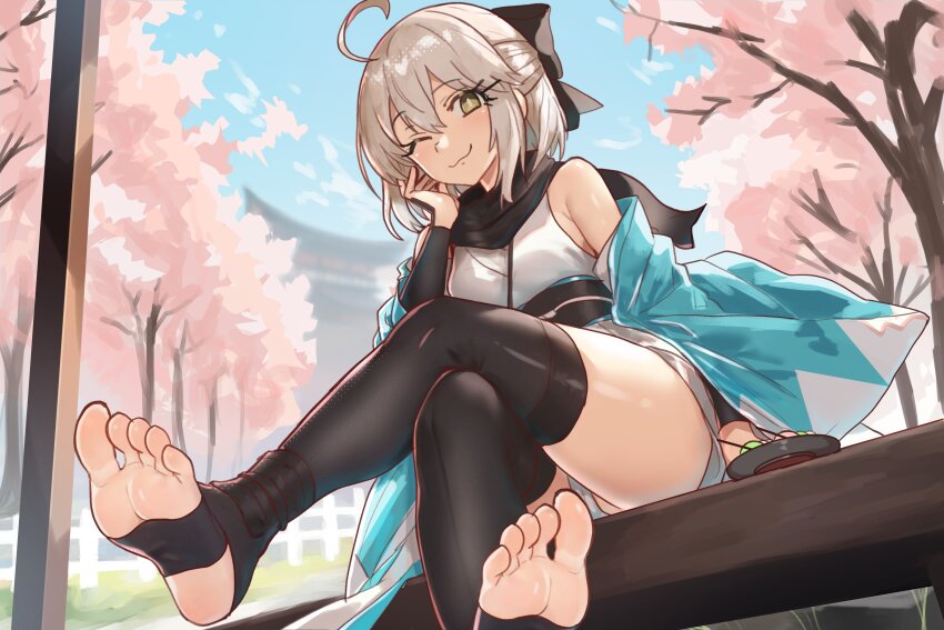 1girl, absurdres, ahoge, arm_guards, bare_shoulders, black_bow, black_thighhighs, blonde_hair