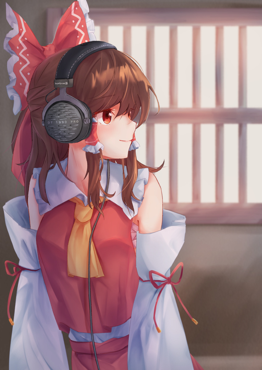 1girl, absurdres, ascot, beyerdynamic, bow, brown_hair, closed_mouth, commentary_request, detached_sleeves, frilled_bow, frilled_hair_tubes, frills, hair_bow, hair_tubes, hakurei_reimu, headphones, highres, long_hair, red_bow, red_eyes, smile, solo, taguno, touhou, window, yellow_ascot