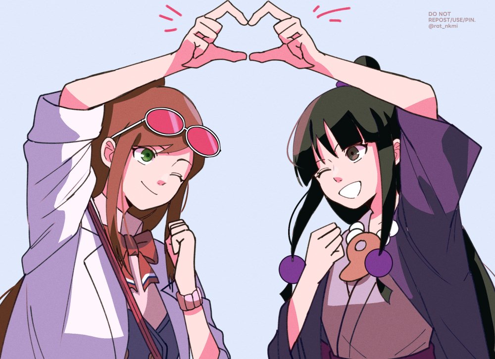 2girls, ;), ;d, ace_attorney, black_hair, brown_eyes, brown_hair, coat