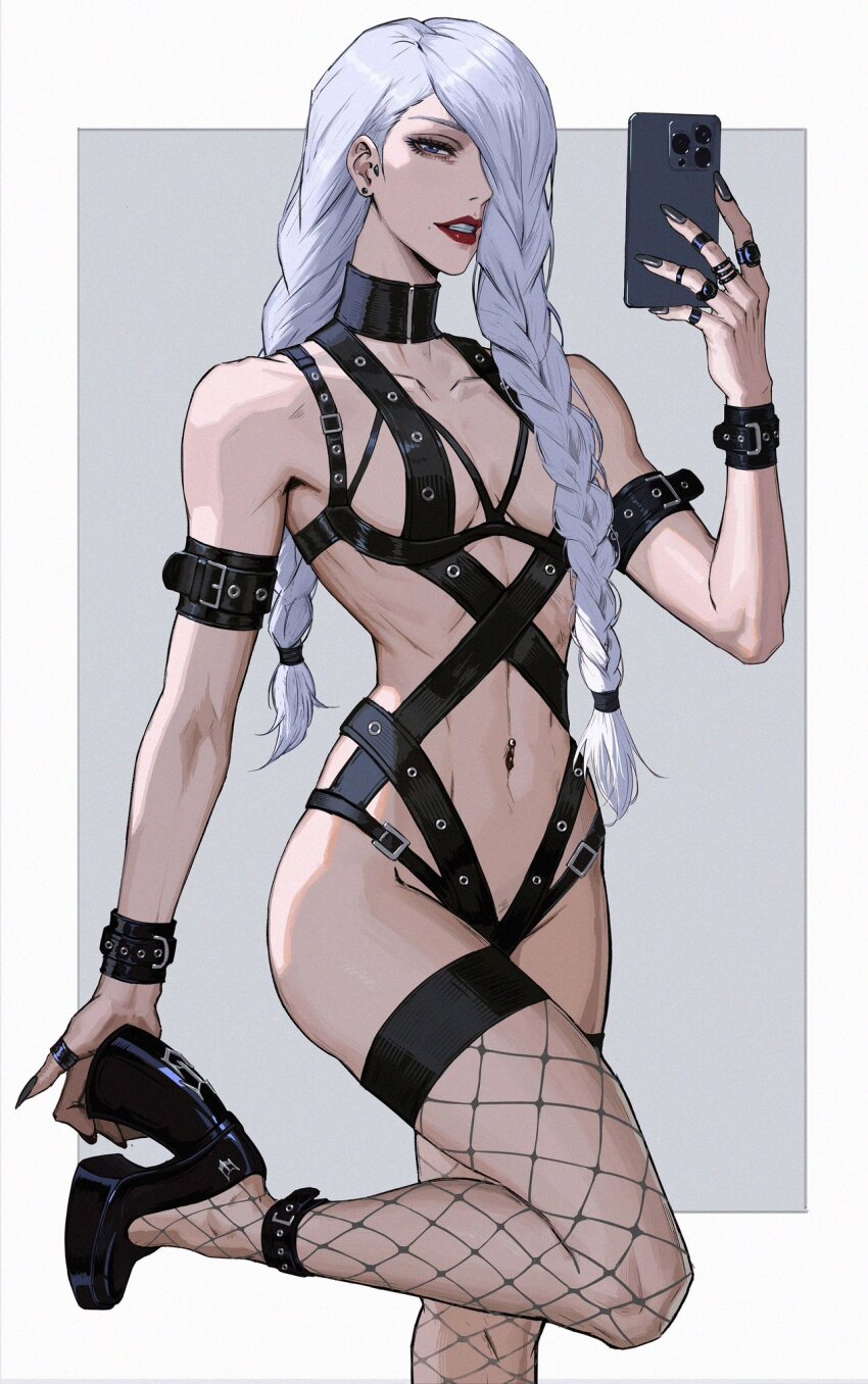 1girl, abs, alternate_costume, bdsm, black_footwear, black_nails, cellphone, choker, dominatrix, fishnet_pantyhose, fishnets, garter_belt, high_heels, highres, holding, holding_phone, jujutsu_kaisen, leather_strap, lee_kimsan, lips, mei_mei_(jujutsu_kaisen), midriff, pantyhose, phone, red_lips, simple_background, solo, tagme, white_background
