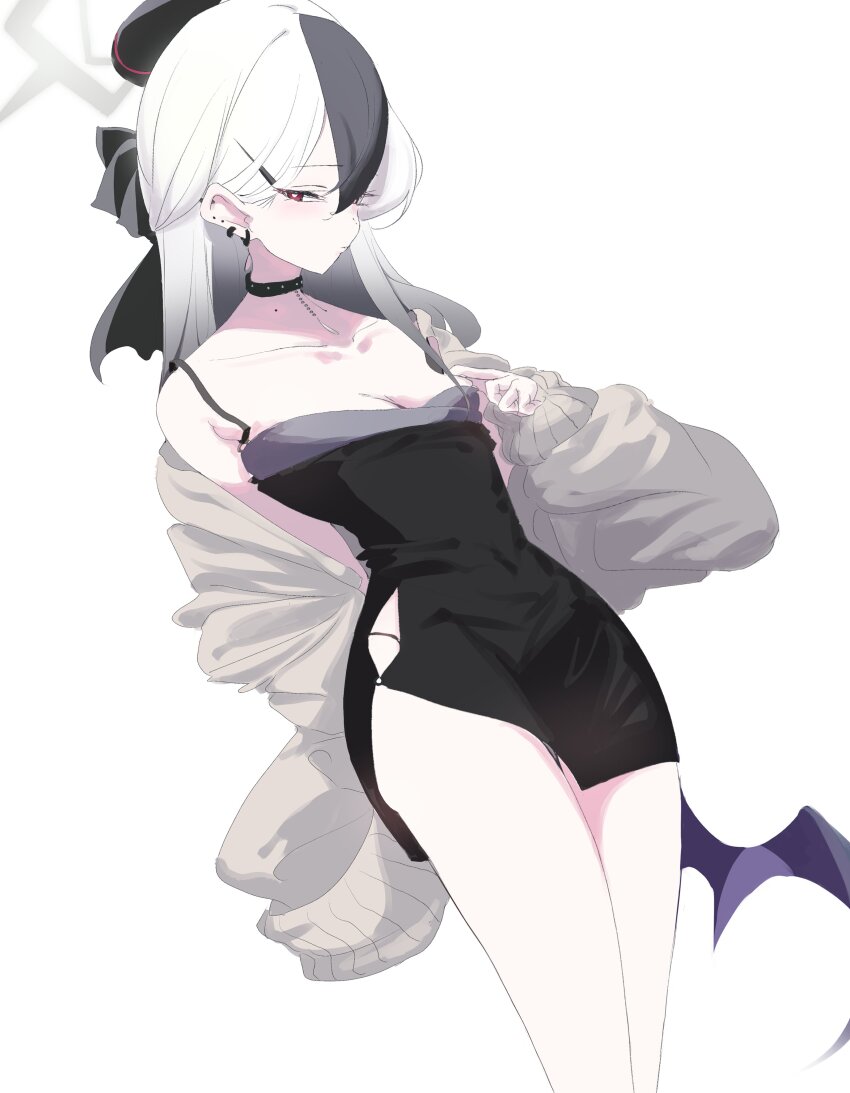 1girl, absurdres, arimas_ar1, black_choker, black_dress, black_hair, black_horns, blue_archive, blush, breasts, choker, cleavage, closed_mouth, collarbone, demon_horns, demon_wings, dress, grey_halo, grey_jacket, hair_between_eyes, halo, highres, horns, jacket, kayoko_(blue_archive), kayoko_(dress)_(blue_archive), long_hair, long_sleeves, medium_breasts, multicolored_hair, multiple_horns, official_alternate_costume, open_clothes, open_jacket, purple_wings, red_eyes, simple_background, single_wing, sleeveless, sleeveless_dress, solo, white_background, white_hair, wings