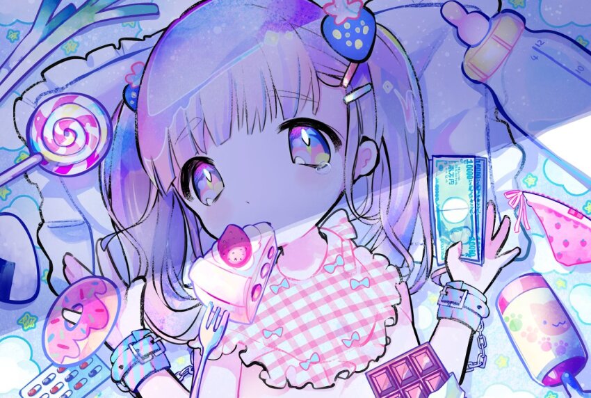 1girl, baby_bottle, banknote, bare_shoulders, bib, blister_pack, blunt_bangs, bottle, bound, bow, cake, cake_slice, candy, chain, chocolate, cuffs, donut, food, food-themed_hair_ornament, food_in_mouth, food_print, fork, from_above, fruit_print, hair_ornament, hairpin, hands_up, holding, holding_money, kiato, loli, lollipop, long_hair, looking_at_viewer, lying, milk, money, on_back, on_bed, onigiri, original, panties, pill, pillow, pink_bow, pink_eyes, pink_panties, print_panties, purple_hair, rattle, side-tie_panties, solo, spring_onion, strawberry_hair_ornament, strawberry_panties, strawberry_print, strawberry_shortcake, swirl_lollipop, tearing_up, twintails, underwear, unworn_panties, unworn_underwear, upper_body