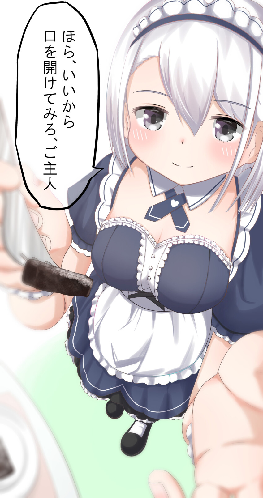 1girl, absurdres, alternate_costume, apron, black_shoes, blue_dress, blurry, blurry_foreground