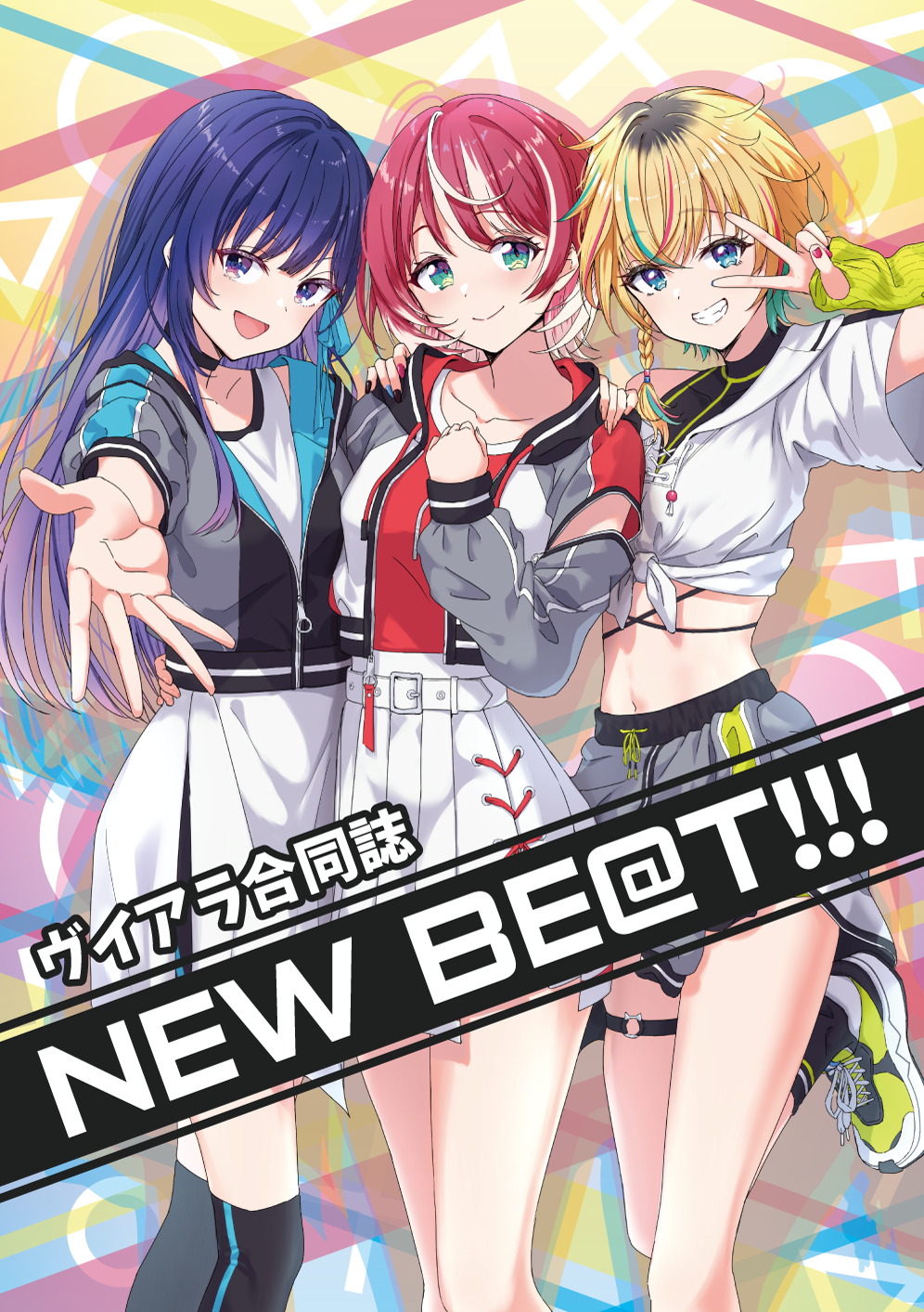 3girls, beckoning, black_choker, blonde_hair, blue_hair, blush, choker, collarbone