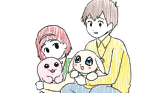 blue_eyes, blush, digimon, digimon_(creature), digimon_adventure_02, happy, holy_ring, izumi_koshiro's_daughter, mochimon, plotmon, smile, yagami_hikari's_son