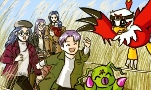 beak, belt, black_hair, claws, closed_eyes, digimon, digimon_(creature), family