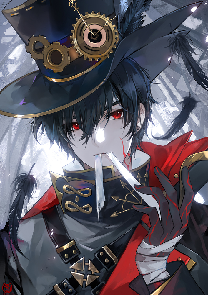 1boy, ayn_alwyn, ayn_alwyn_(mist_city), bandaged_hand, bandages, black_cape, black_feathers, black_hair