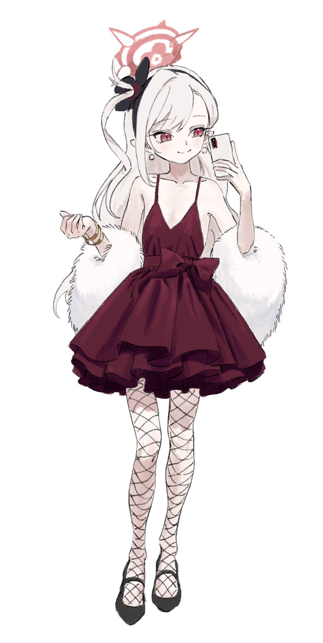 1girl, black_scrunchie, black_shoes, blue_archive, blush, cellphone, closed_mouth, dress