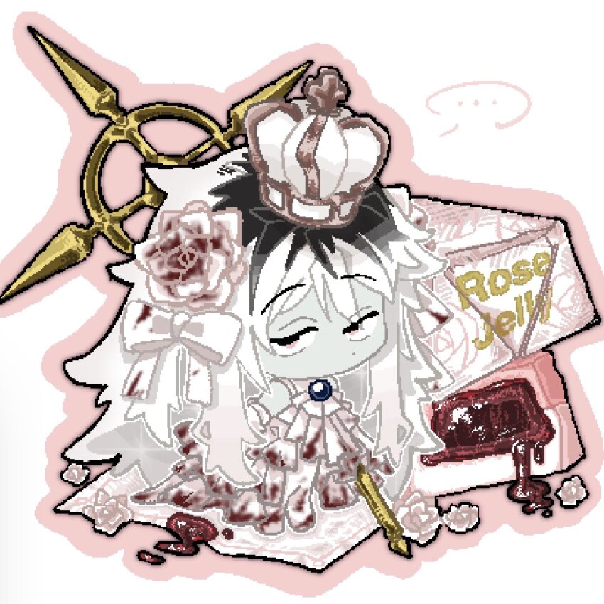 1boy, ascot, black_hair, blood, blood_on_clothes, blood_on_flower, bodysuit, chibi