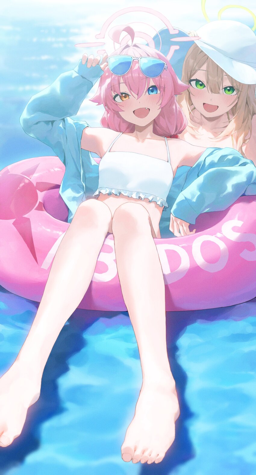 2girls, absurdres, ahoge, aqua_jacket, armpits, bare_legs, barefoot, bikini