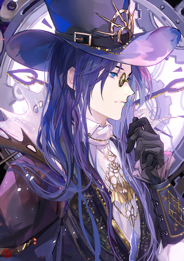 1boy, analog_clock, black_gloves, black_hat, black_jacket, blue_eyes, clarence_clayden, clarence_clayden_(mist_city)