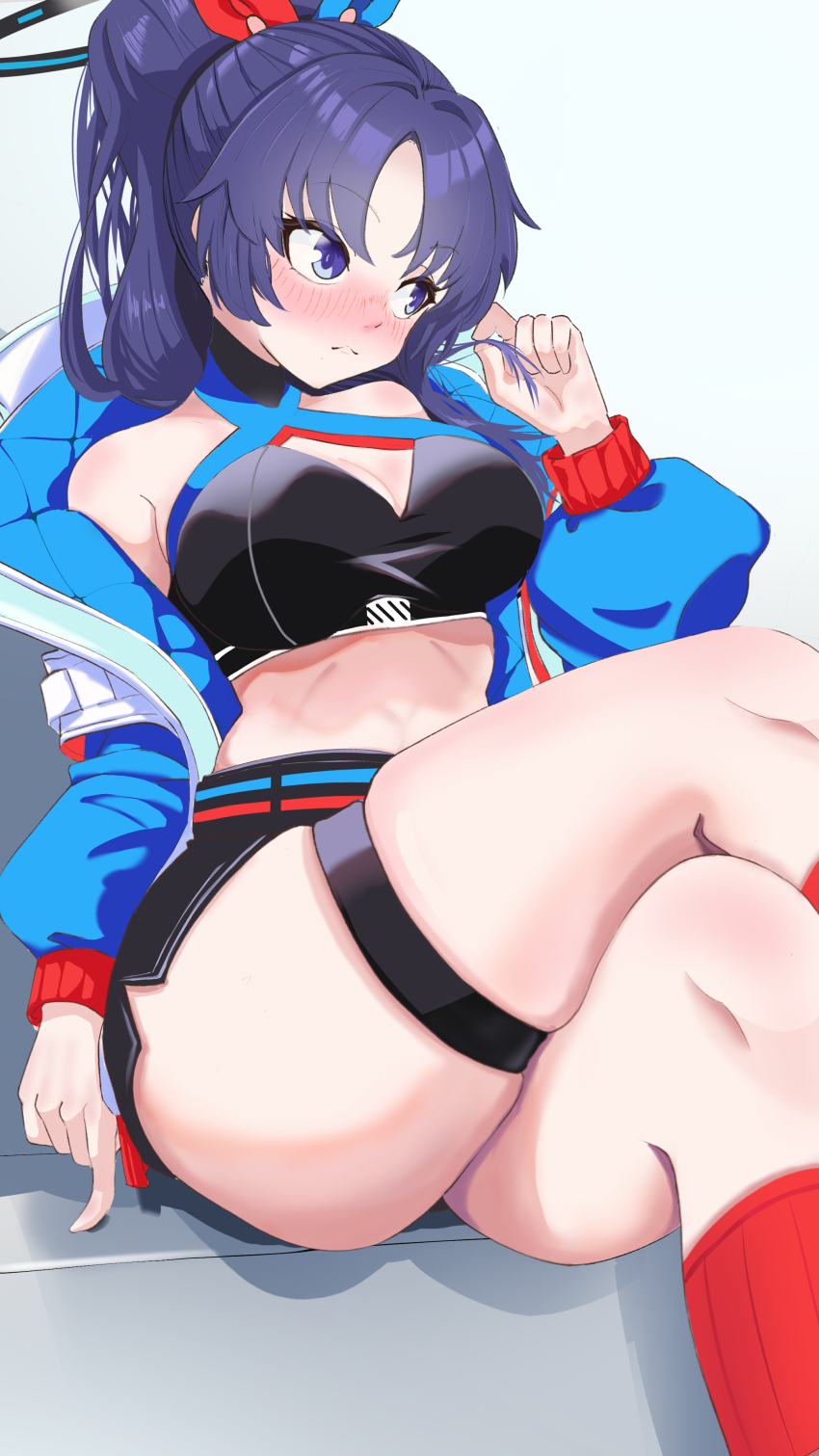 1girl, absurdres, alternate_hairstyle, black_skirt, blue_archive, blue_jacket, blush, closed_mouth