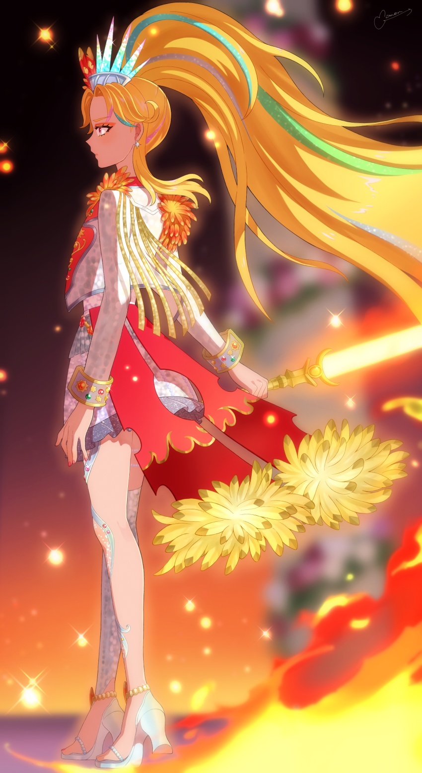 1girl, absurdres, blonde_hair, blue_hair, blurry, blurry_background, commentary_request, earrings, fire, from_side, full_body, glowing, glowing_weapon, gold_trim, high_heels, high_ponytail, highres, holding, holding_sword, holding_weapon, jacket, jennifer_sumire_sol, jewelry, long_hair, long_sleeves, looking_ahead, momokan_(mmkn100), multicolored_hair, ponytail, pretty_series, profile, red_eyes, skirt, solo, standing, streaked_hair, sword, very_long_hair, waccha_primagi!, weapon, white_jacket, white_skirt