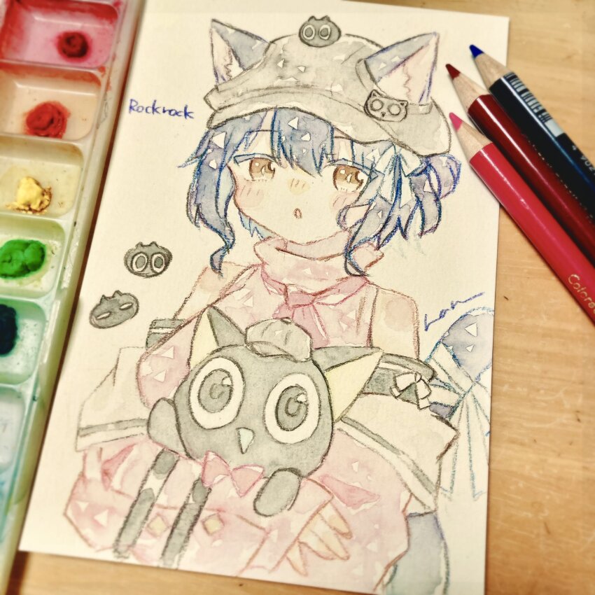 1girl, :o, animal, animal_ears, arknights, art_tools_in_frame, bare_shoulders, black_cat