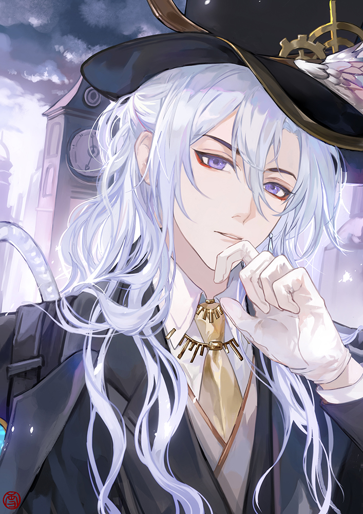 1boy, black_hat, black_jacket, building, cael_anselm, cael_anselm_(mist_city), clock, clock_tower, collared_shirt, earrings, eyeliner, gear_hat_ornament, gears, gloves, grey_vest, hair_between_eyes, half_updo, hand_on_own_chin, hat, hat_feather, hat_ornament, jacket, jewelry, lapels, long_hair, long_sleeves, looking_at_viewer, lovebrush_chronicles, makeup, male_focus, necklace, necktie, notched_lapels, outdoors, overcast, parted_lips, purple_eyes, red_eyeliner, shirt, sky, solo, top_hat, tower, upper_body, vest, wavy_hair, white_gloves, white_hair, white_shirt, xuedaixun, yellow_necktie