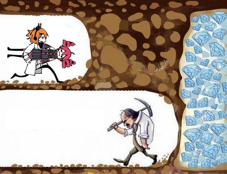 0_onibi, 1boy, 2girls, adachi_rei, ahoge, black_footwear, black_shirt, black_skirt, carrying, carrying_under_arm, detached_sleeves, diamond_(gemstone), digging_for_diamonds_(meme), drill_hair, facial_hair, headset, holding, holding_pickaxe, kasane_teto, kasane_teto_(utau), long_sleeves, meme, multiple_girls, mustache, necktie, old, old_man, orange_hair, pants, pickaxe, radio_antenna, red_hair, red_trim, robe, shirt, shoes, short_hair, skirt, sleeves_rolled_up, twin_drills, utau, white_robe, white_shirt, wing_collar