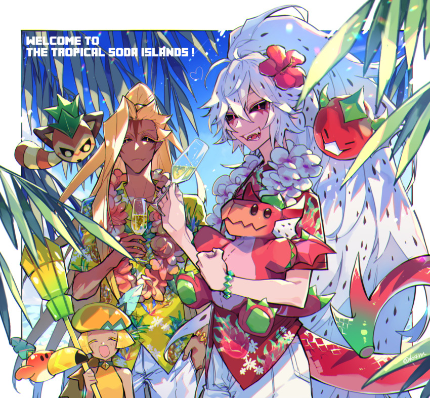 1boy, 2others, alternate_costume, ananas_dragon_cookie, bare_shoulders, bird, black_sclera, blonde_hair