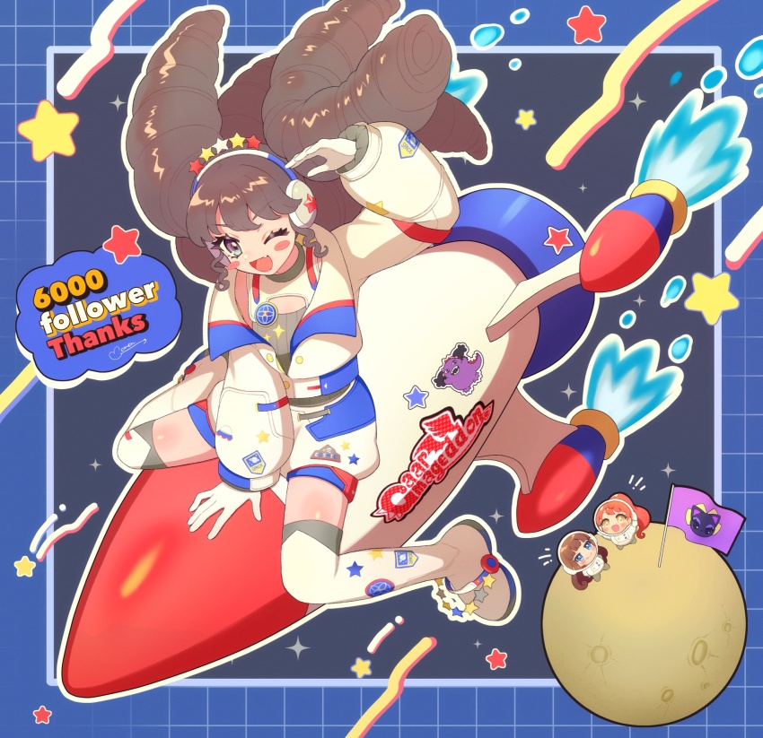 3girls, :d, ;d, astronaut, between_legs, black_hair, blue_fire, boots