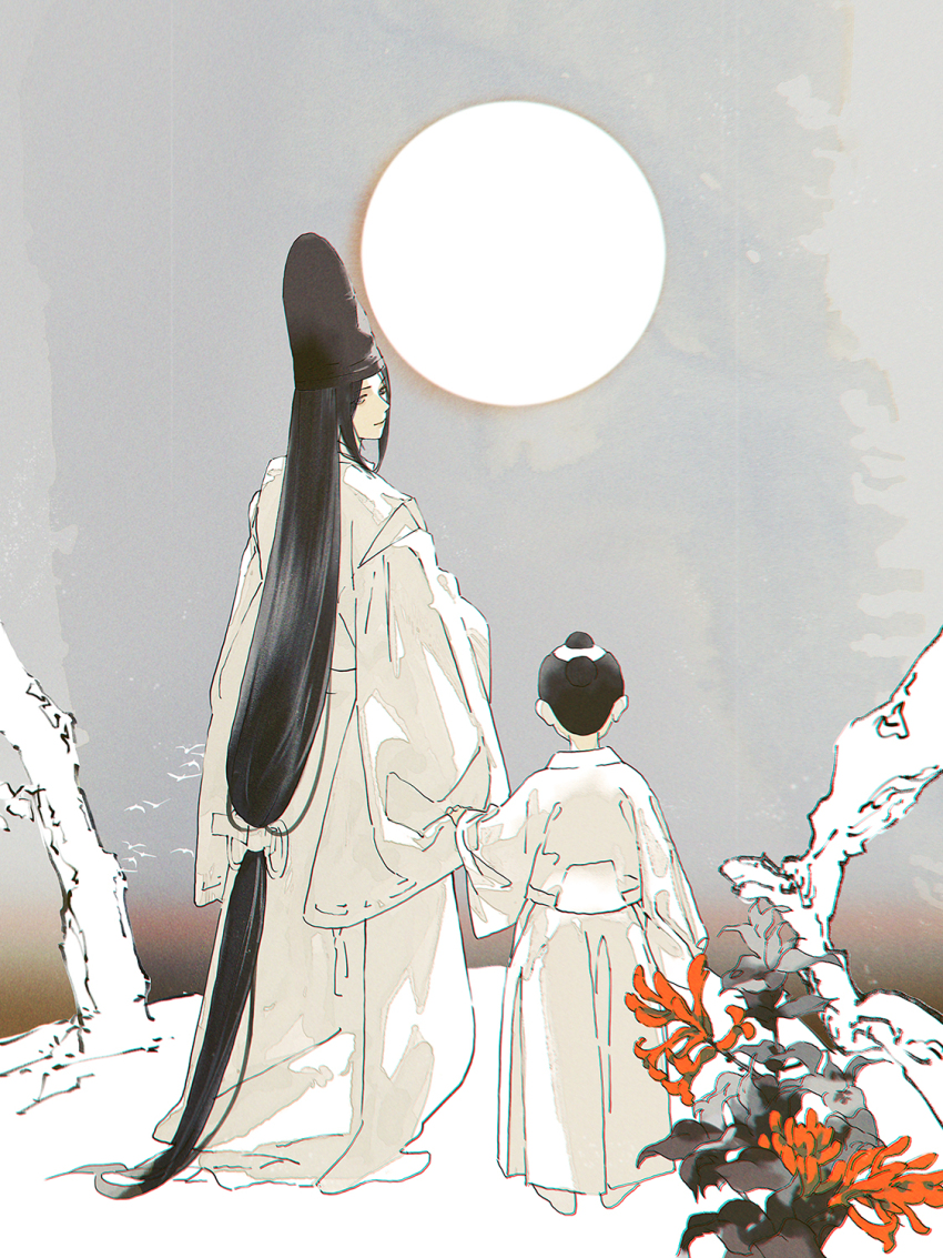 2boys, absurdly_long_hair, bird, black_hair, child, chinese_commentary, chonmage, closed_mouth, clothes_grab, commentary, english_commentary, facing_away, flower, from_behind, fujiwara_no_sai, full_moon, gradient_sky, hakama, hat, highres, hikaru_no_go, honninbou_shuusaku, japanese_clothes, kariginu, long_hair, long_sleeves, looking_at_viewer, looking_back, low-tied_long_hair, male_focus, mixed-language_commentary, moon, multiple_boys, nature, partially_colored, red_flower, sky, sleeves_past_fingers, sleeves_past_wrists, smile, standing, tate_eboshi, topknot, very_long_hair, wisda